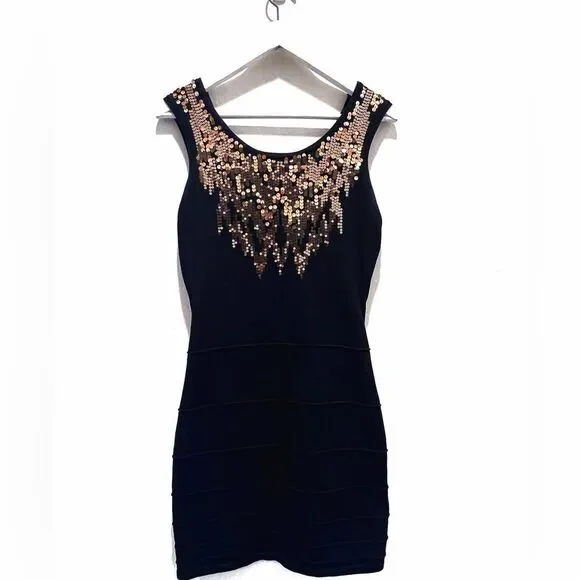 Y2K 2b Bebe Black Metallic Gold Sequin Bandage Sleeveless Cutout Back Slip - Picture 7 of 14